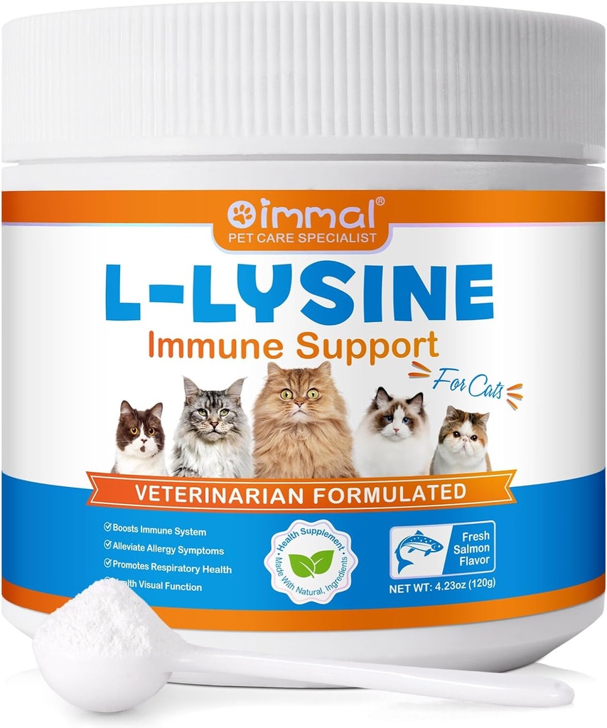 L-Lysine pó para gatos, suplemento de lisina para gatos, suporte sistema imunológico, saúde respiratória e função visual e alívio de alergia, Pets suprimentos de saúde multivitaminas, salmão sabor - 4,23 oz / 120g