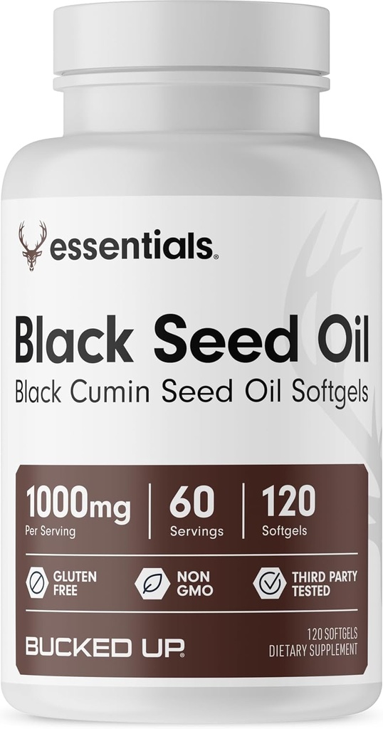 Bucked Up Black Seed Oil 1000mg por serviço (Black Cumin Seed Oil) Essentials (60 Servings, 120 Softgels)