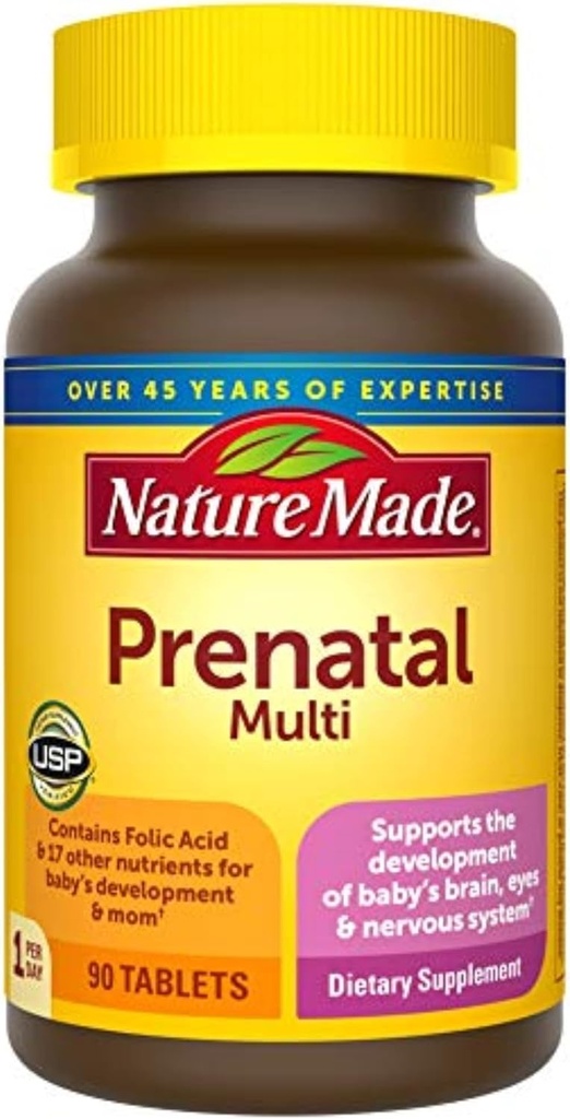 Natureza Made Pré-Natal Multi, 90 comprimidos, ácido fólico + 17 vitaminas e minerais pré-natais para apoiar o desenvolvimento do bebê e mamãe, vitamina D3, cálcio, ferro, iodo, vitamina C, e mais (Pacote de 3)
