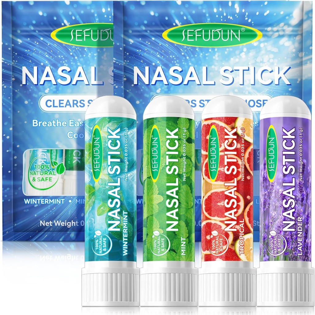 8PCS Nasal Stick,Nasal Inhaler Stick,Inhaler Nasal Stick para alívio de Sinus & Vertigo alívio,Aromaterapia Inhaler feito com óleos essenciais + mentol (Mint,Wintermint, Tropical, Lavanda)