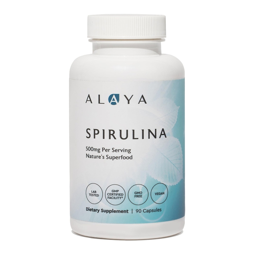Alaya Naturals Pure Spirulina Cápsulas – Havaiano-Grown Blue Green Algae Superfood, Não-GMO, Vegan – 500mg, 90 Cápsulas