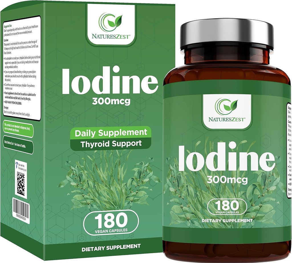Suplemento de iodo - 180 Caps, 180-Day-Supply – Suplemento de suporte da tireóide – 300mcg Iodo puro por cápsula – Fórmula da tireóide, para uma função normal da tireóide – Iodeto de potássio – Suplemento de iodo Vegan