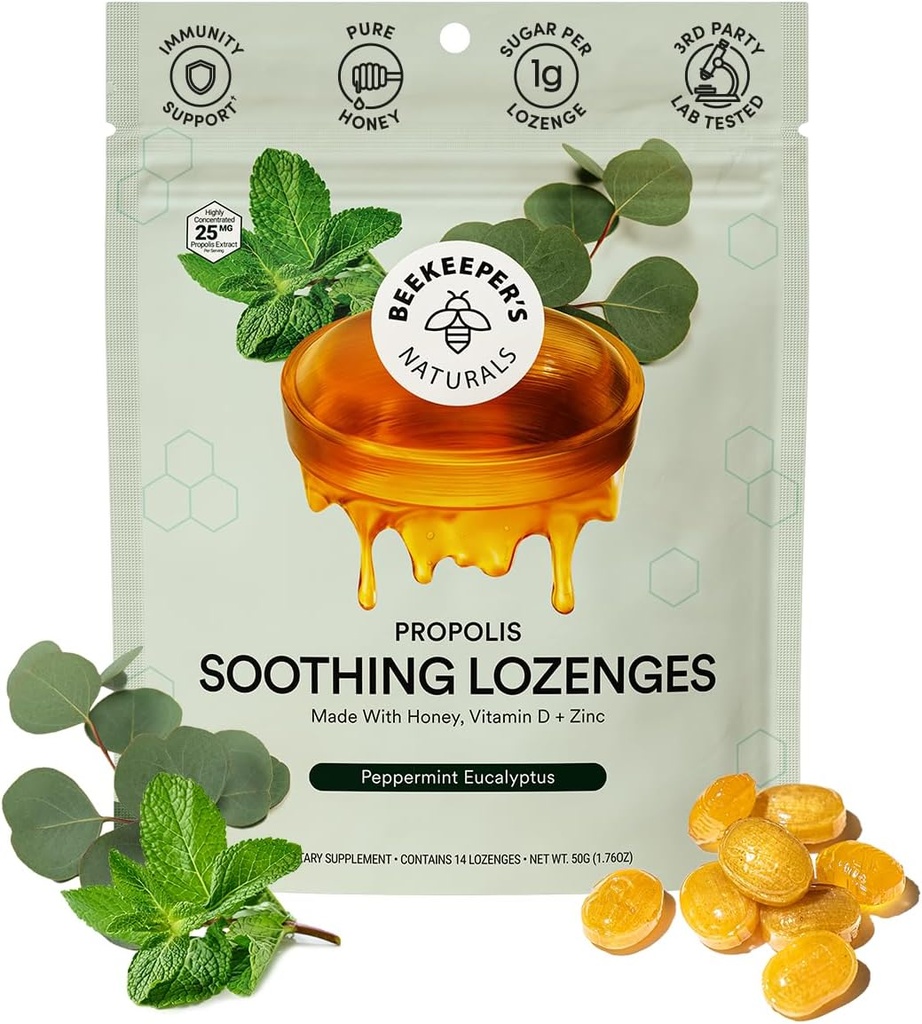 Apicultores naturais acalmam a hortelã Eucalyptus Tosse Drops, apoio imunológico com vitamina D, zinco e própolis, refrigeração e garganta calmantes Lozenges, 14 Ct