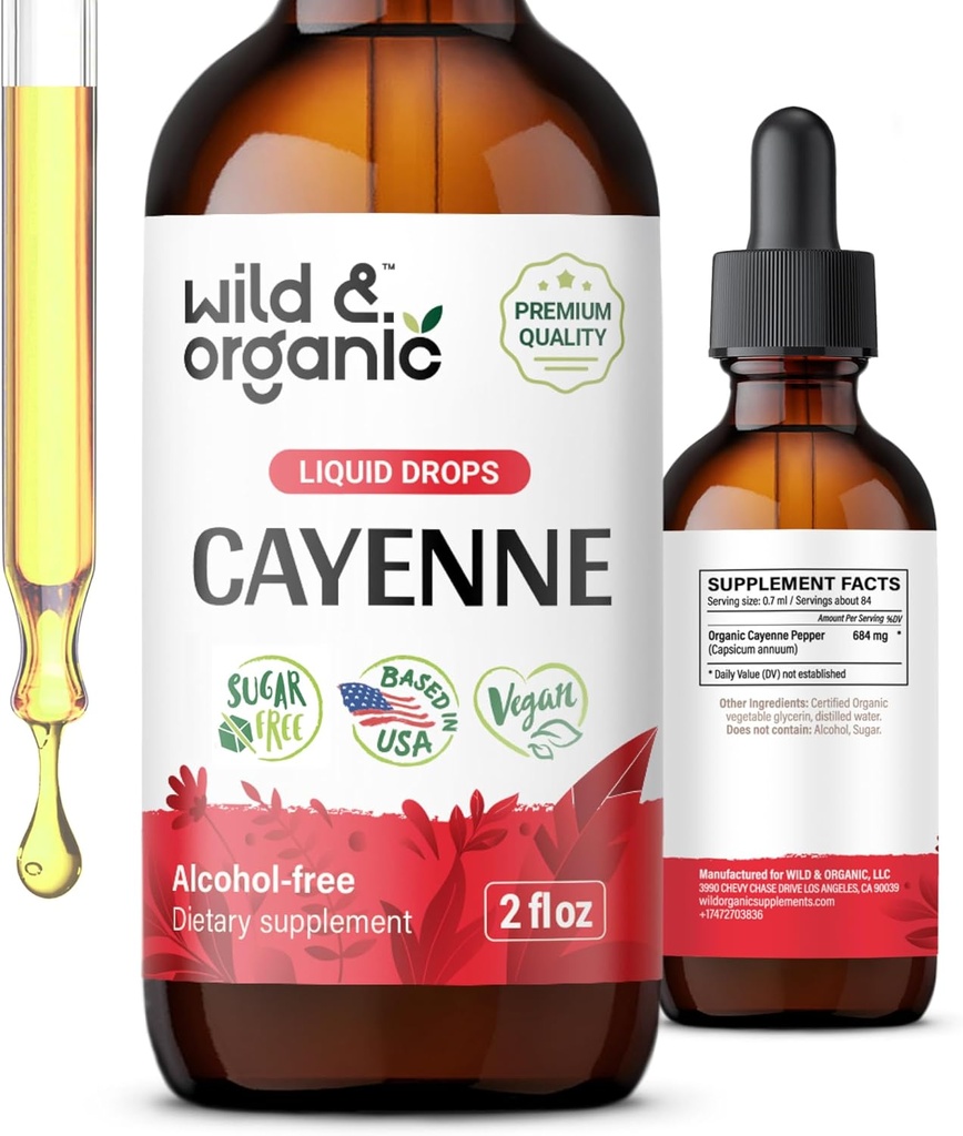 Wild & Organic Cayenne Pimenta Tintura - Capsaicin Suplementos para apoio digestivo - Cayenne Pimenta Extrato Líquido - Vegan, gotas de álcool - 2 fl oz