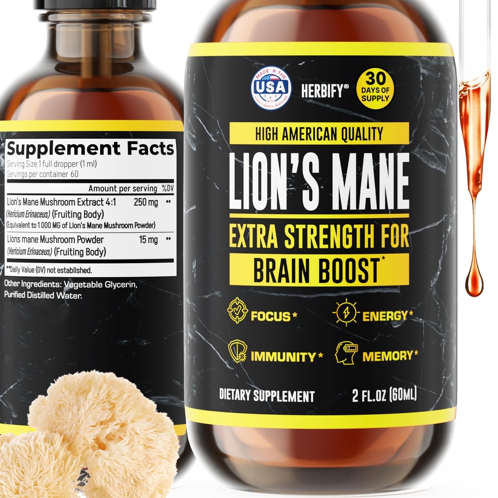 Herbify Lions Mane Supplement - Suplemento diário de cogumelos para memória, foco e claridade - Brain Booster - Lions Mane Tincture para apoio imunológico - 2 Fl oz