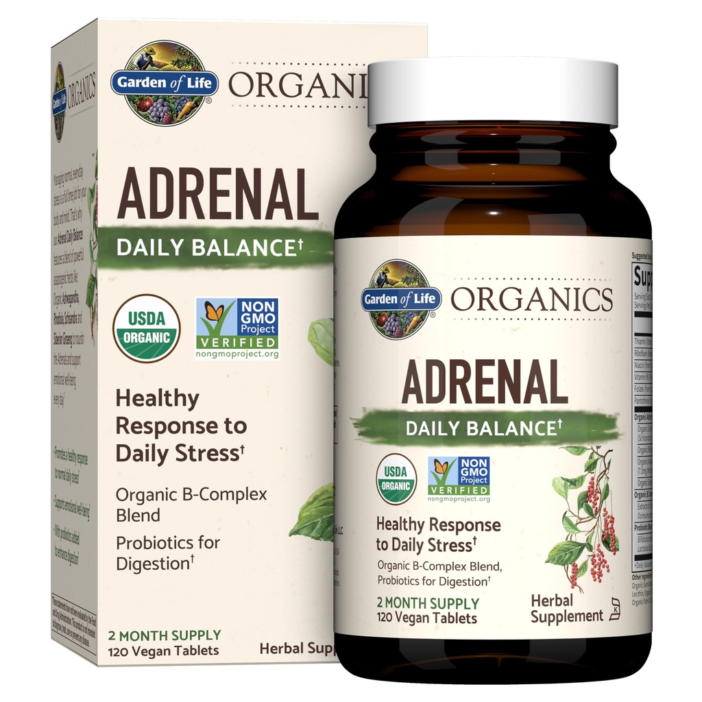 Jardim da Vida Orgânicos Adrenal Equilíbrio diário, Adaptogenic Herbs Ashwagandha, Holy Basil, B Complexo & Probióticos, Orgânico Não-GMO, Vegan, Suplemento sem glúten, Fornecimento de dois meses, 120 comprimidos