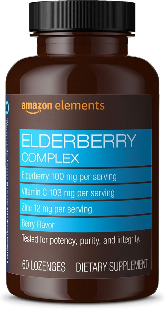 Elementos Complexo de Amora, Suporte do Sistema Imune, 60 Berry flavored Lozenges, Elderberry 100mg, Vitamina C 103mg, Zinco 12mg por serviço (Pacote pode variar)