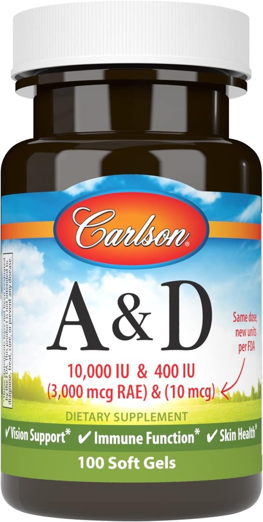 Carlson - A & D, 10000 UI (3000 mcg RAE) Vitamina A, 400 UI (10 mcg) Vitamina D3, Vision Support, Skin Health, 100 geles macios