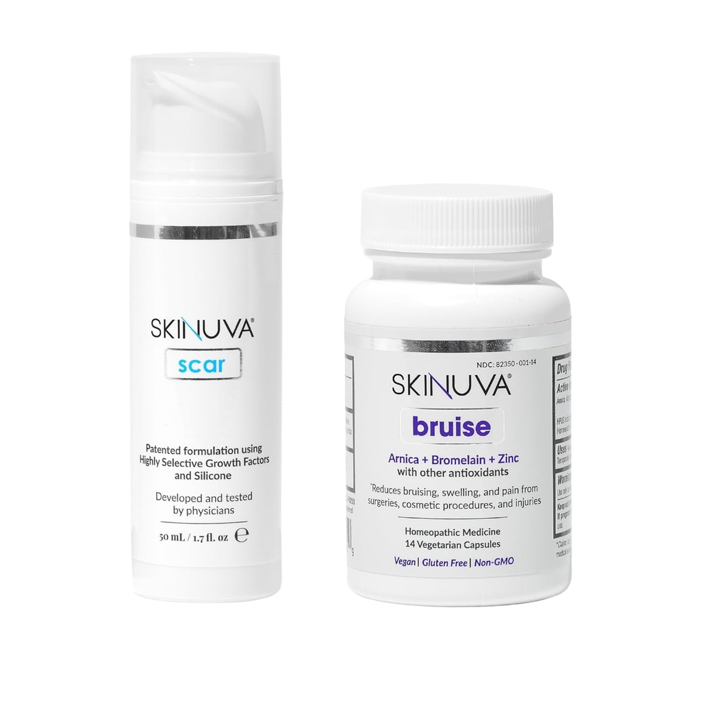 Skinuva® Scar (1,7 oz) & Bruise (14 cápsulas) - Creme de Silicone Avançado Formulado com Fatores de Crescimento e Remédio de Bruise Homeopático Formulado com Arnica, Bromelaína e Zinco
