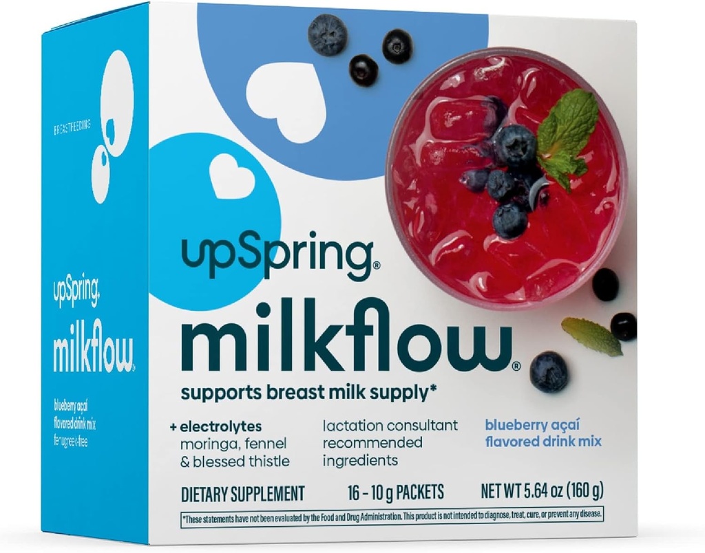UpSpring Milkflow Eletrolyte Aleitamento Suplemento Bebida Mix Fenugreek-Free, Moringa & Blueberry Acai Flavor, Aleitamento Suplemento para apoiar o fornecimento de leite materno e restaurar eletrólitos, 16 Misturas