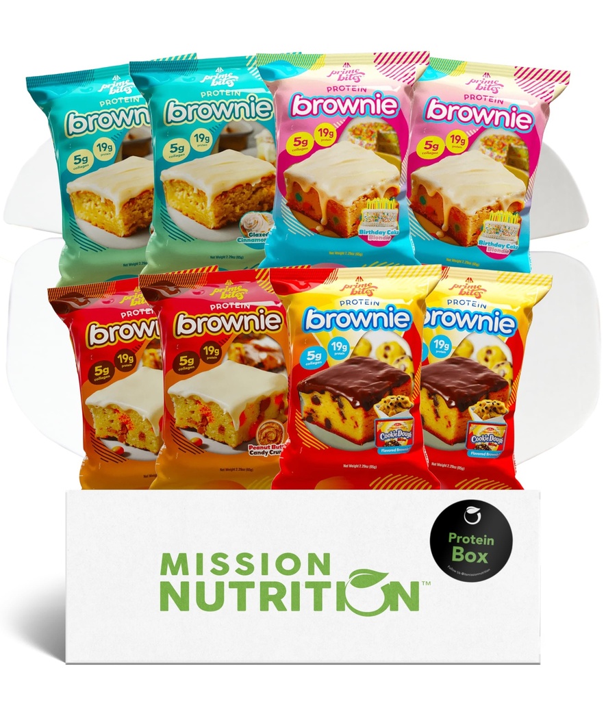Prime Bites Protein Brownies Pacote de variedades Blondies - alta proteína (19g), proteína de colagénio e soro, baixo açúcar - 8 Count Snack & Gift Box