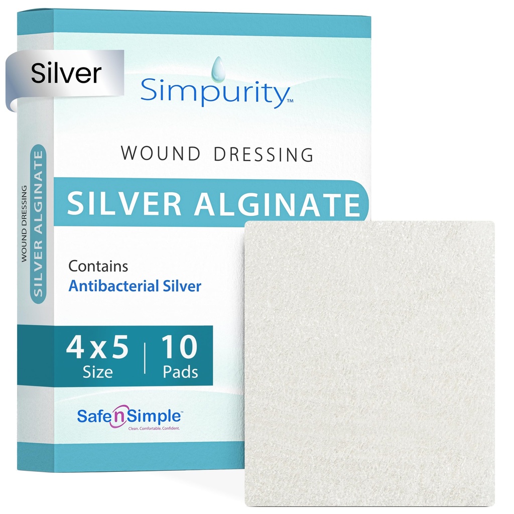 Silver Alginate Alginate Wound Dressing - Simpureza - 4 "x 5" Alginate Individual Espessura Pads - Silver Dressing for Wound Care - Não-Stick Alginate Alginate Pads Cálcio - Seguro n' produtos de cuidados simples feridas