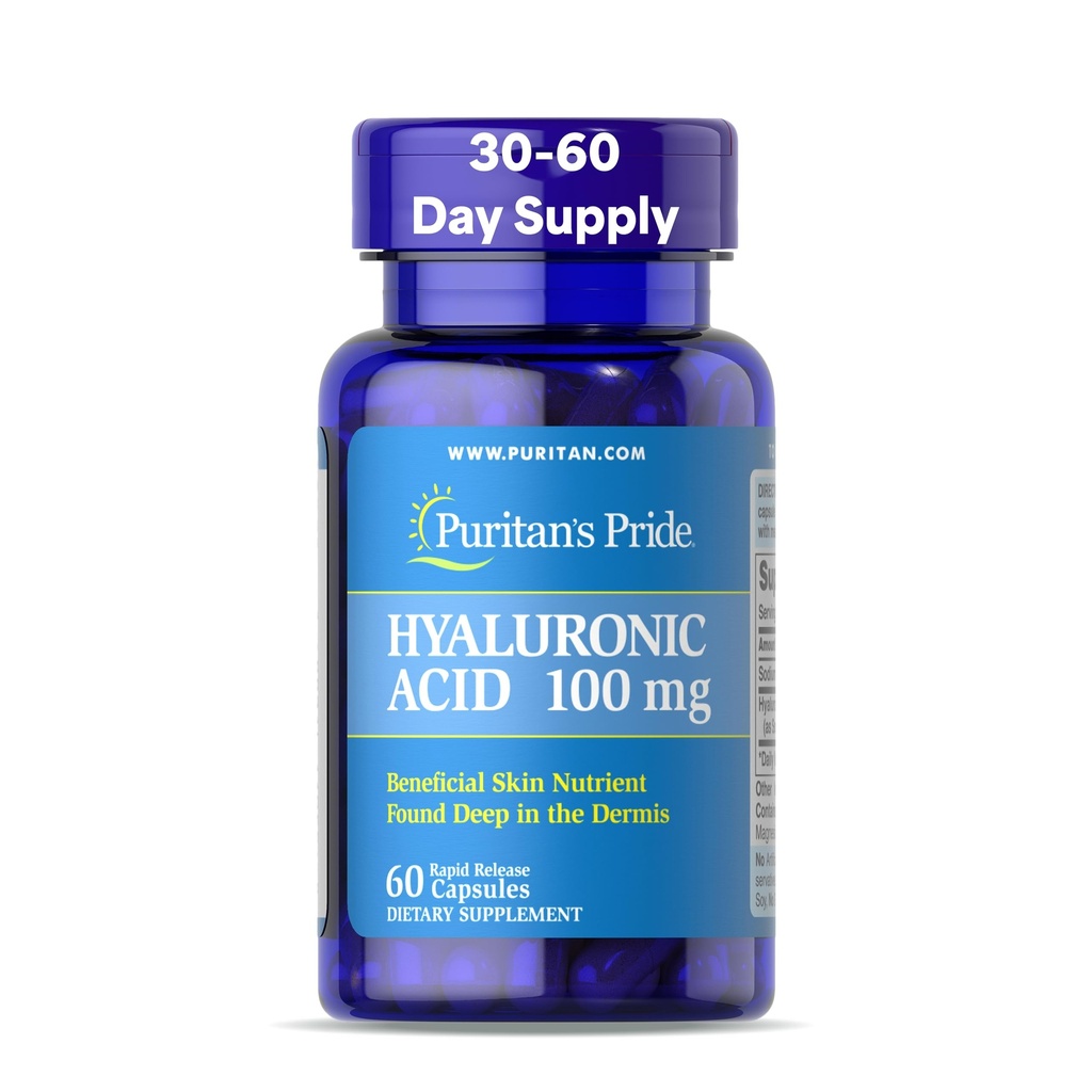 Puritans Pride Ácido Hialurônico 100mg, Suplemento dietético para Hidratação da Pele, 60 Cápsulas de Libertação Rápida