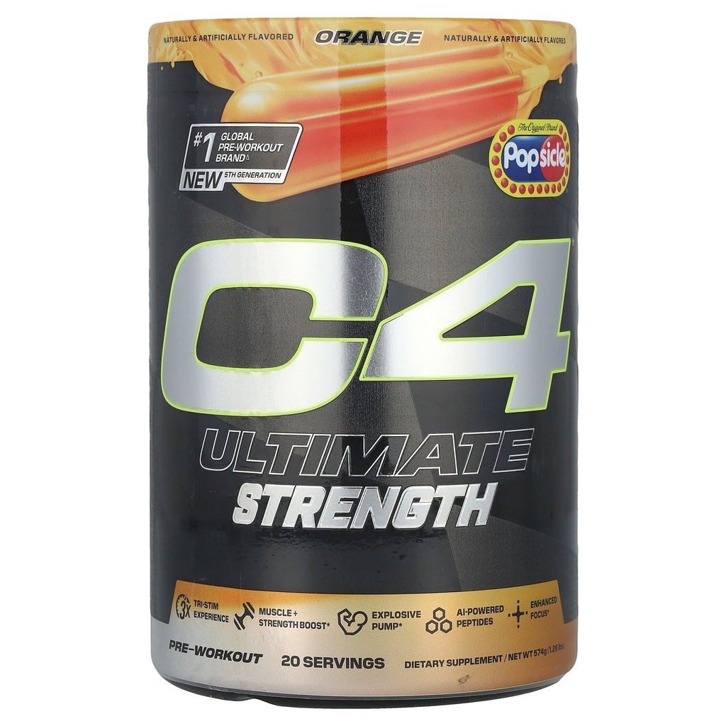 Cellucor C4 Ultimate Strength Pre Treino em Pó - Tri-Stim Experience 300mg Cafeína+TeaCrine+Dinamina - Creatina e Beta-Alanina - Suplemento de Energia para Homens e Mulheres - picolé de laranja, 20 Servings