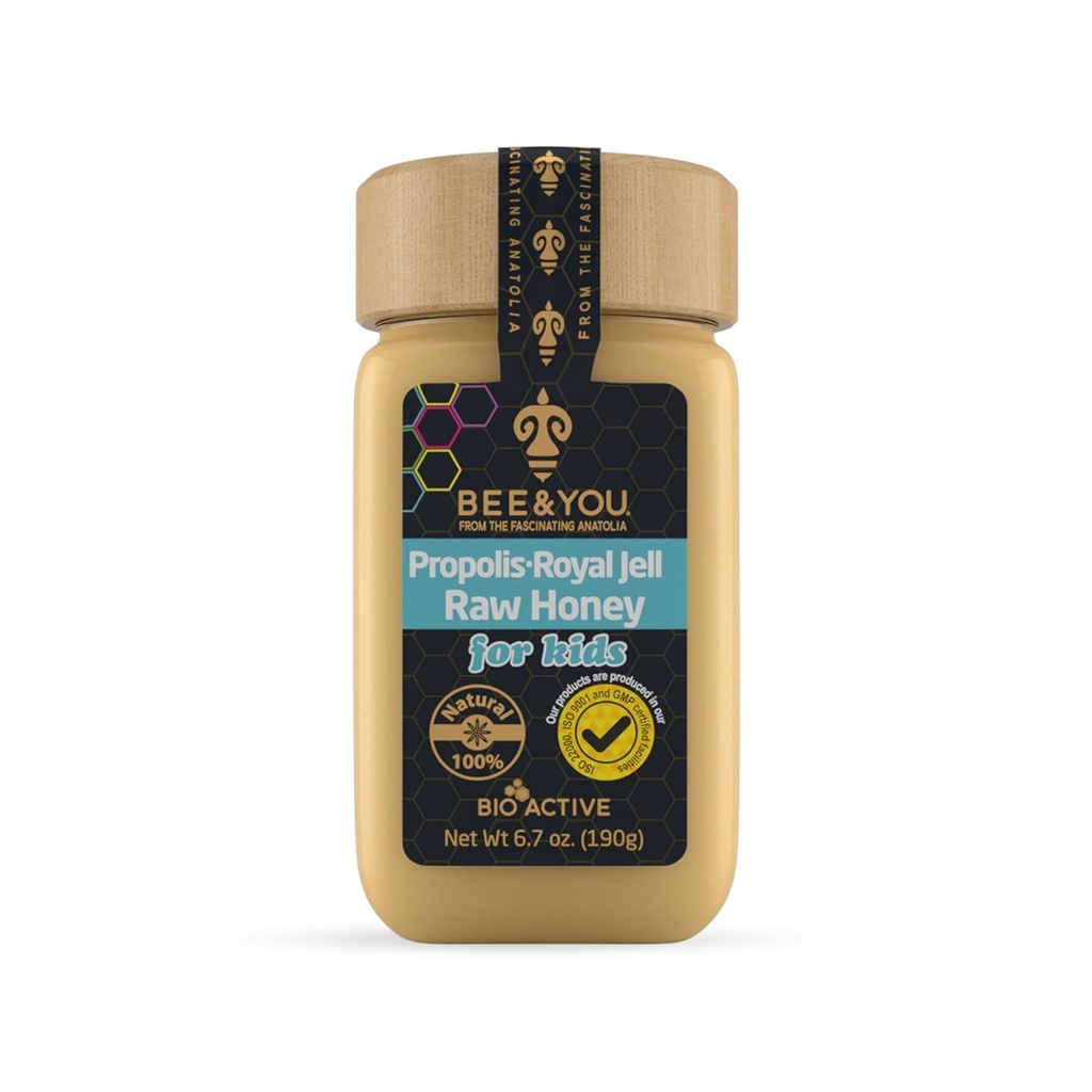 Bee and You Royal Jelly Raw Honey For Kids, Extract Própolis, 100% Natural Superfood, Ultra Pure, Imune Support Supplement, Antioxidantes, Keto, Paleo, Gluten-Free, 6.7 oz