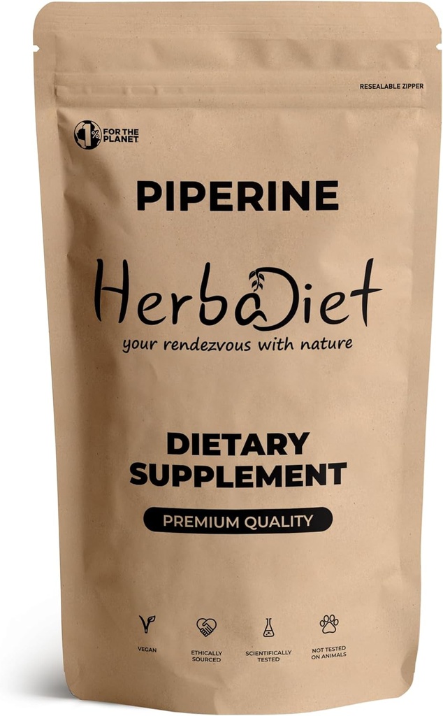 Herbadiet Piperine 95% Pó . Pó Extrato de Pimenta Negra 95% por Hplc . . Melhorador de biodisponibilidade, Aumenta Nutrientes Uptake . Gluten Free, Não-GMO Bulk Supplement (0,35 oz / 10 gm)