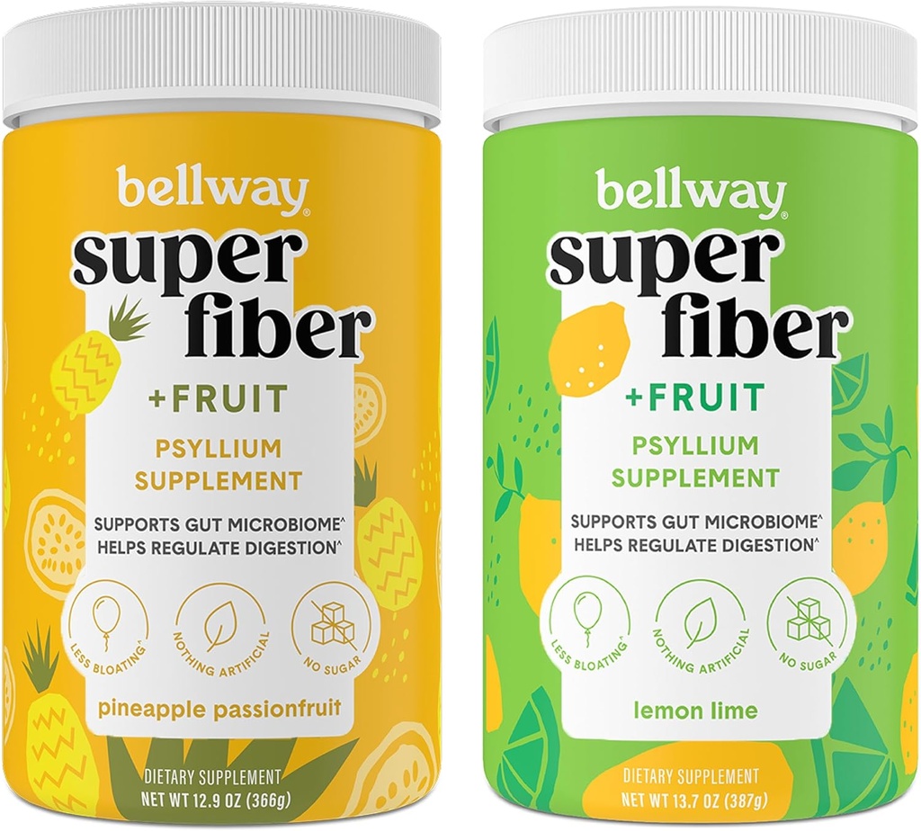 Bellway Super fibra de pó + frutas, açúcar livre orgânico Psyllium Husk pó fibra suplemento para regularidade, Bloating alívio & saúde gut, Não-GMO, Abacaxi paixão frutas e limão