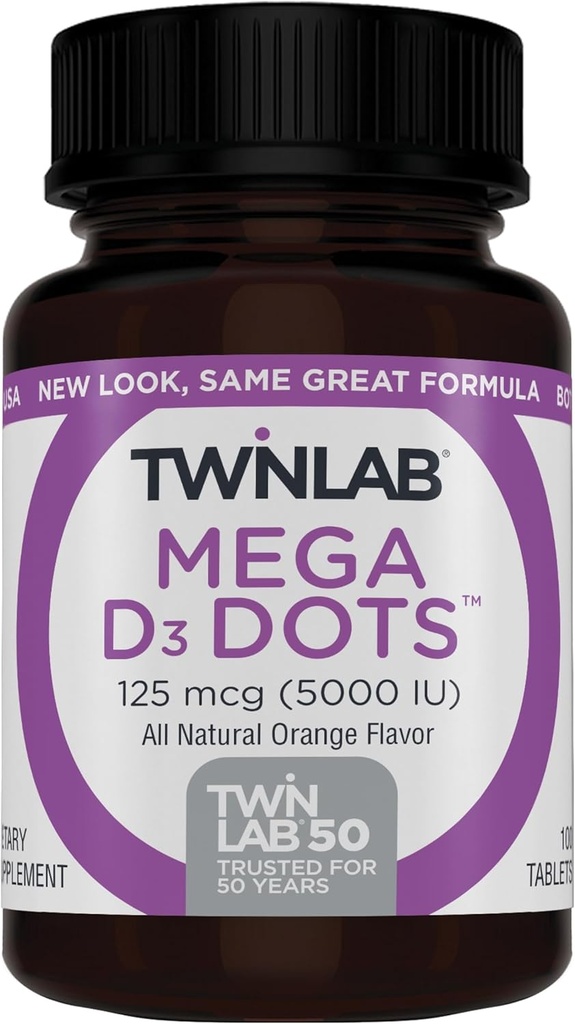 Twinlab Mega D-3 Dots - Suplemento de vitamina D para a saúde imunológica e suporte ósseo - 100 comprimidos de laranja, 125 mcg (5000 UI) (Pacote de 2)