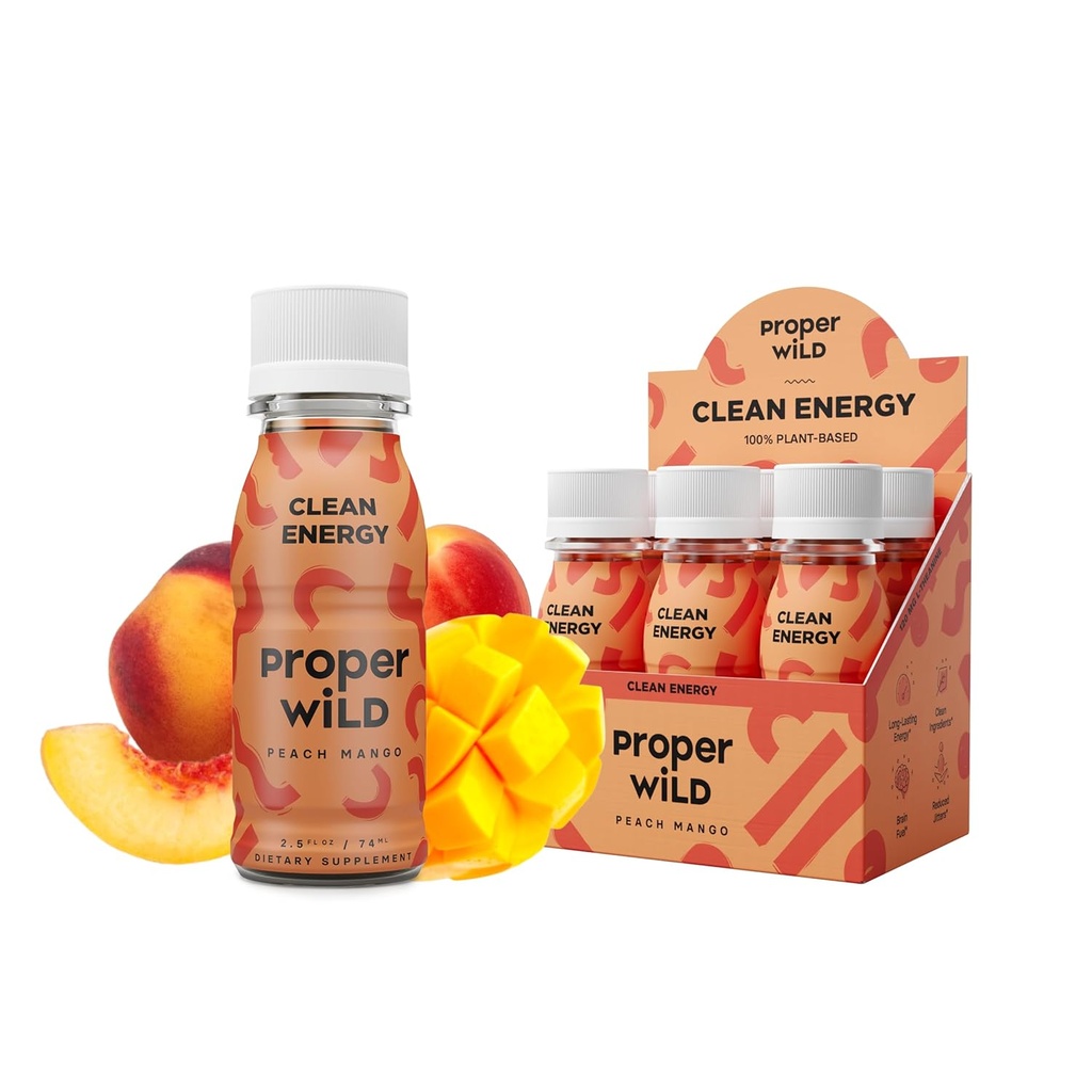 Bebidas de energia Vegan Selvagens adequadas, com L-Theanina, e Cafeína Orgânica, Clean Plant Based Energy Drink, Gluten-Free, GMO-Free, Dairy-Free, Stevia-Free, Soy-Free, Mango de pêssego, 2.5 Fl Oz, 6 Pack