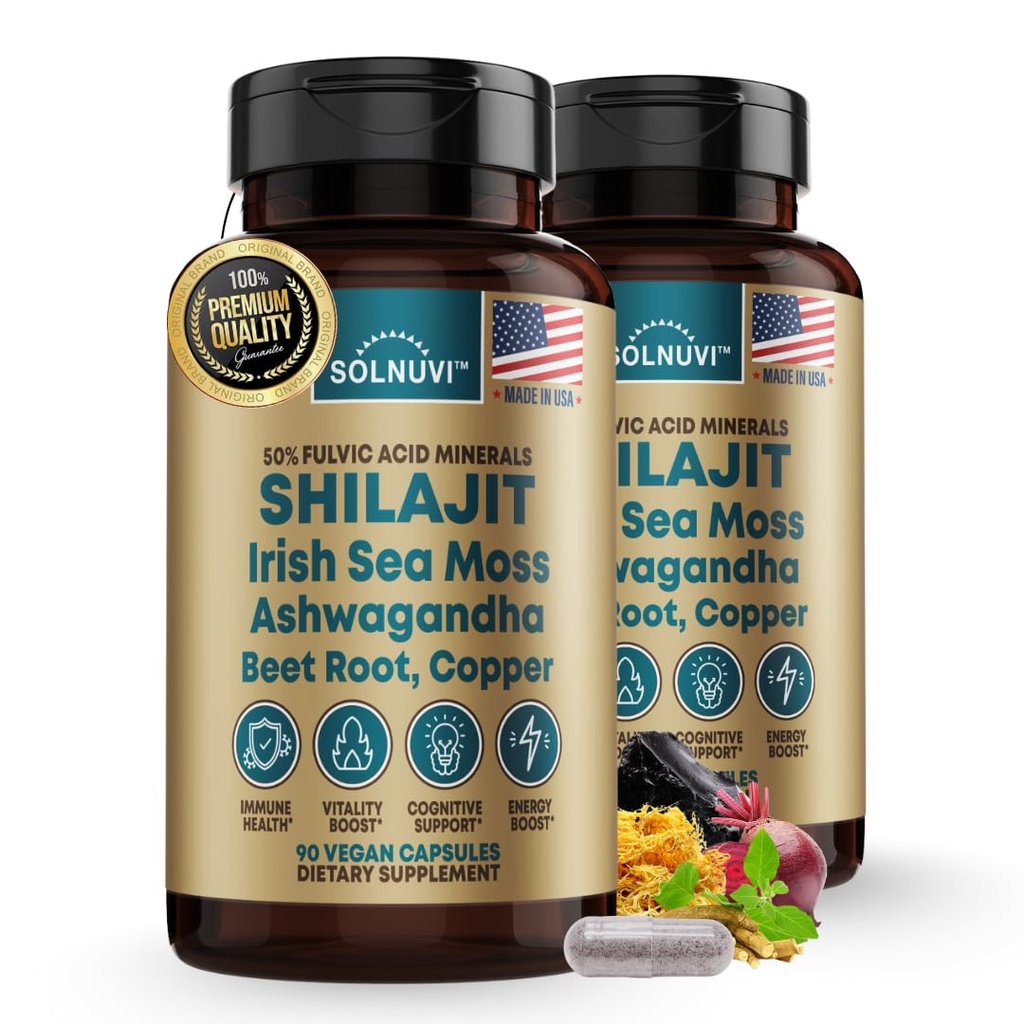 Shilajit Pure Himalayan Cápsulas Orgânicas com Irish Sea Moss, Ashwagandha, Cobre, Raiz de Beterraba - Fulvic Acid Trace Suplemento para Homens e Mulheres - 90 Conde, Não-GMO, Gluten-Free