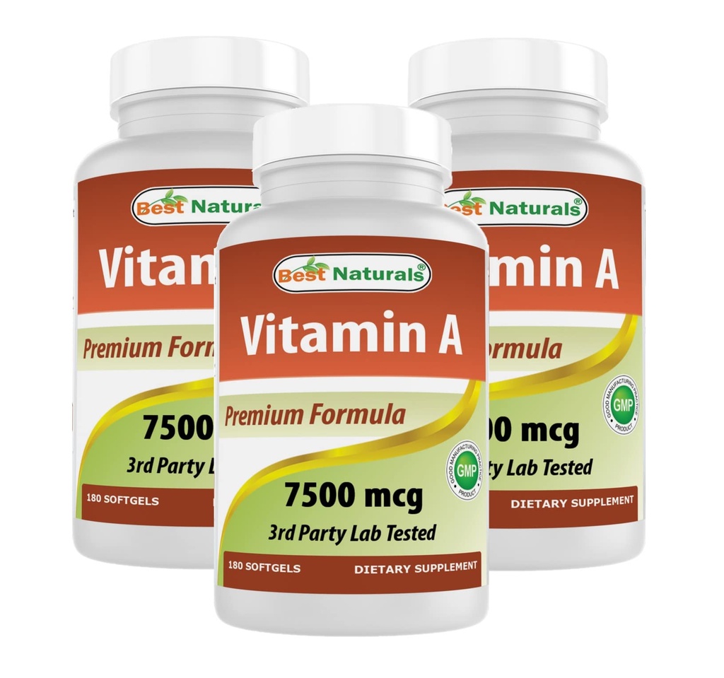 Melhor Natural Vitamina A 25000 UI (7500 mcg), Fórmula Não-GMO Suporta Visão Saudável & Sistema Imune e Crescimento e Reprodução Saudável, 180 Softgels (180 Count (Pack of 3))