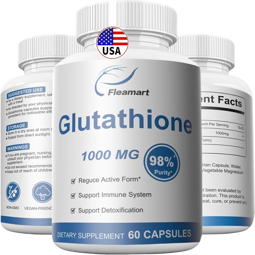 Suplemento de glutationa 98%+ Altamente purificado e biodisponível - Cuidados com a pele e desintoxicação L-Glutationa 1000mg Immune & Liver Support - Made in the USA 60 Cápsulas