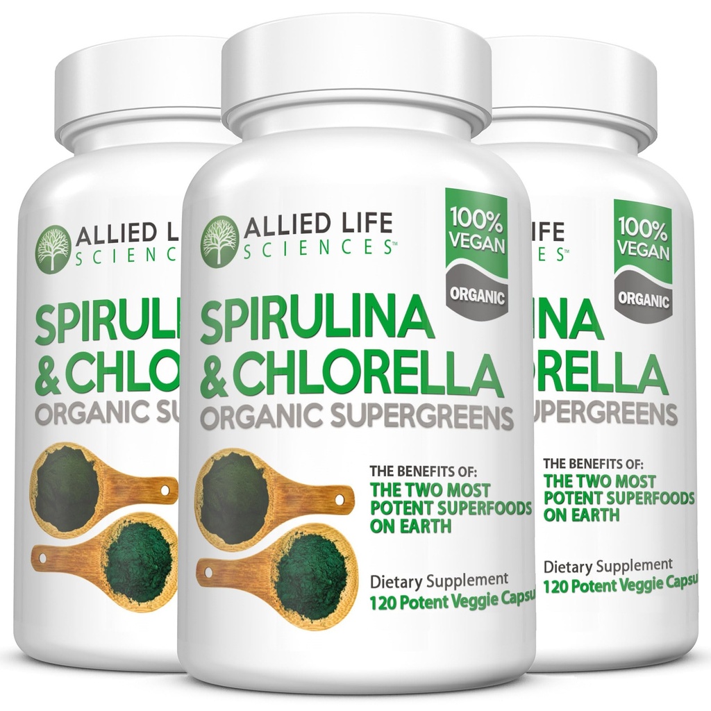 Allied Life Spirulina e chlorela Orgânico Chlorophyll Vegan Protein Powder Green Superfood Cápsulas de suporte imune natural (3 Pacote de garrafa)