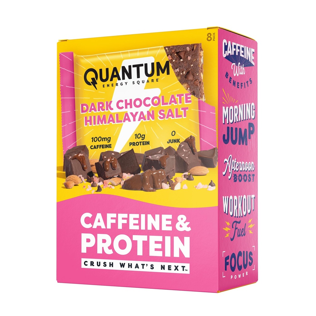 Quantum Energy Square: Barra de Energia com Cafeína e proteína 10g. Delicioso lanche saudável no go. (Vegan, sem glúten, sem soja, sem leite) (Sal de chocolate escuro rosa Himalaia)
