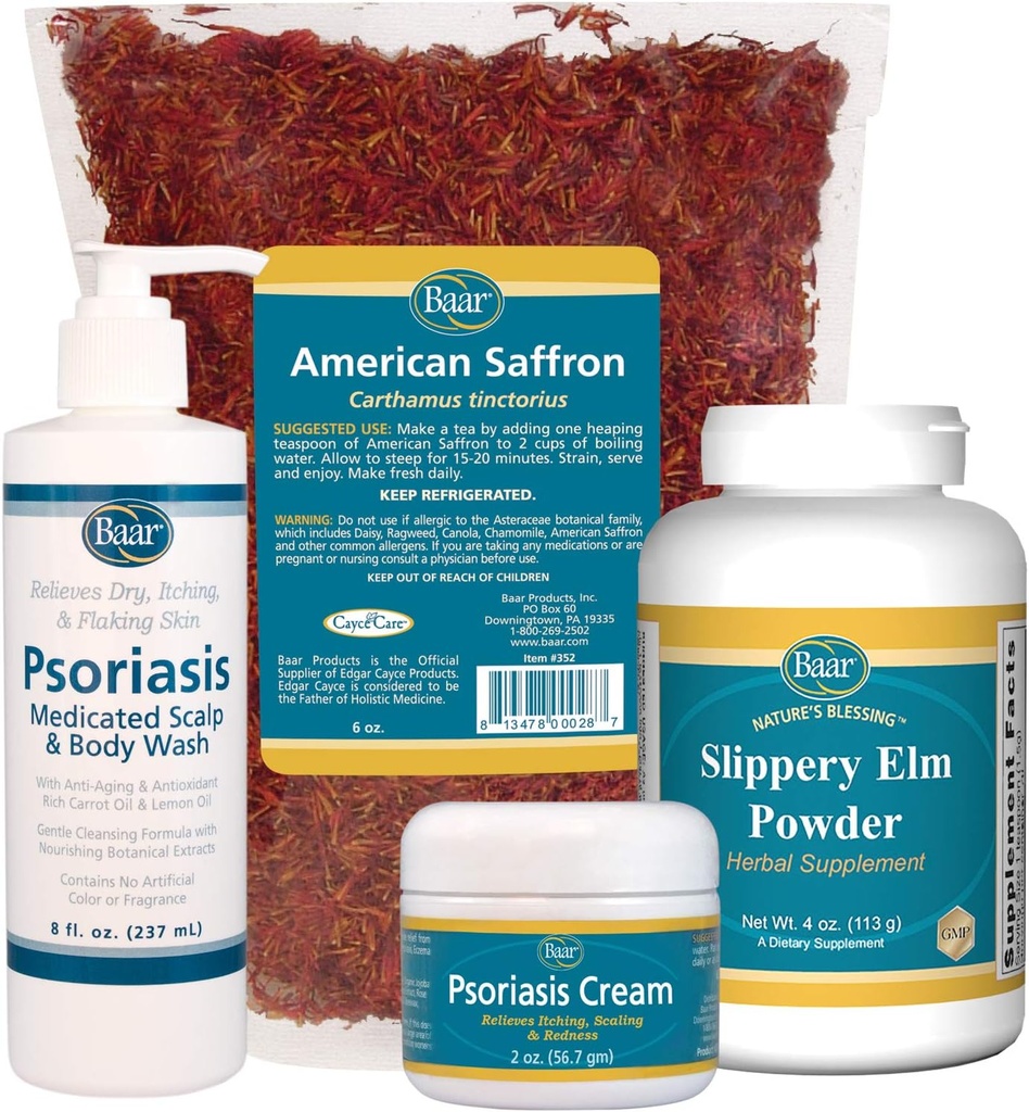Kit de Cuidados com Psoríase - Inclui American Saffron Tea, Slippery Elm Bark Powder, Psoríase Scalp e Body Wash, e Psoríase Creme. 4 Itens Recomendados no Livro Cura Psoríase pelo Dr. John Pagano