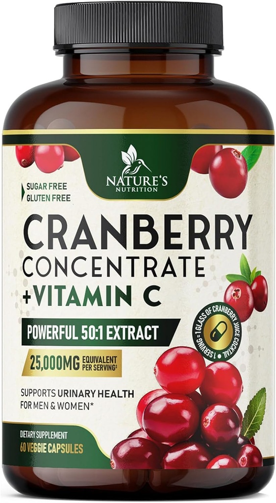 Pílulas de suplemento de cranberry 25,000mg - alta potência Vitamina C C Cranberry para Mulheres e Homens, Urinary Tract Health Support, Livre de Açúcar, Gluten Free, Não-GMO, Extrato de concentrado de cranberry - 60 Cápsulas