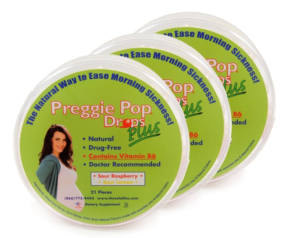 Três Lollies Preggie Pop Drops Plus com B6 Cápsulas, Framboesa Azeda / Lemon, 3 Contagem