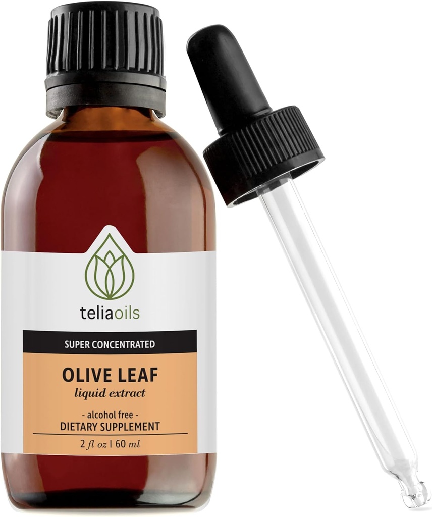 Teliaoils Premium Greek Olive Leaf Glycerin Extract, Rico em Oleuropein antioxidante, Puro e Potente, Não-GMO, Vegan, Sem glúten, Fácil de usar, 2 fl oz livre de álcool (60ml)