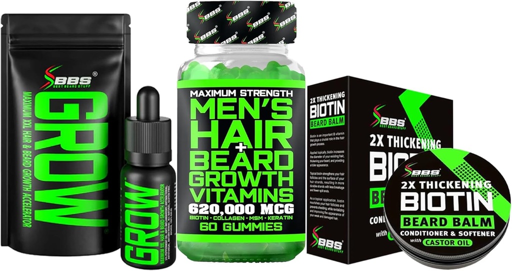 Kit de crescimento de barba w/ 2X Bálsamo de barba espessante Biotin para homens e cera de bigode + crescer o óleo de cabelo de bigode & facial + 14-em-1 pastilhas de biotina & vitaminas de crescimento de cabelo para homens - Formulado na América
