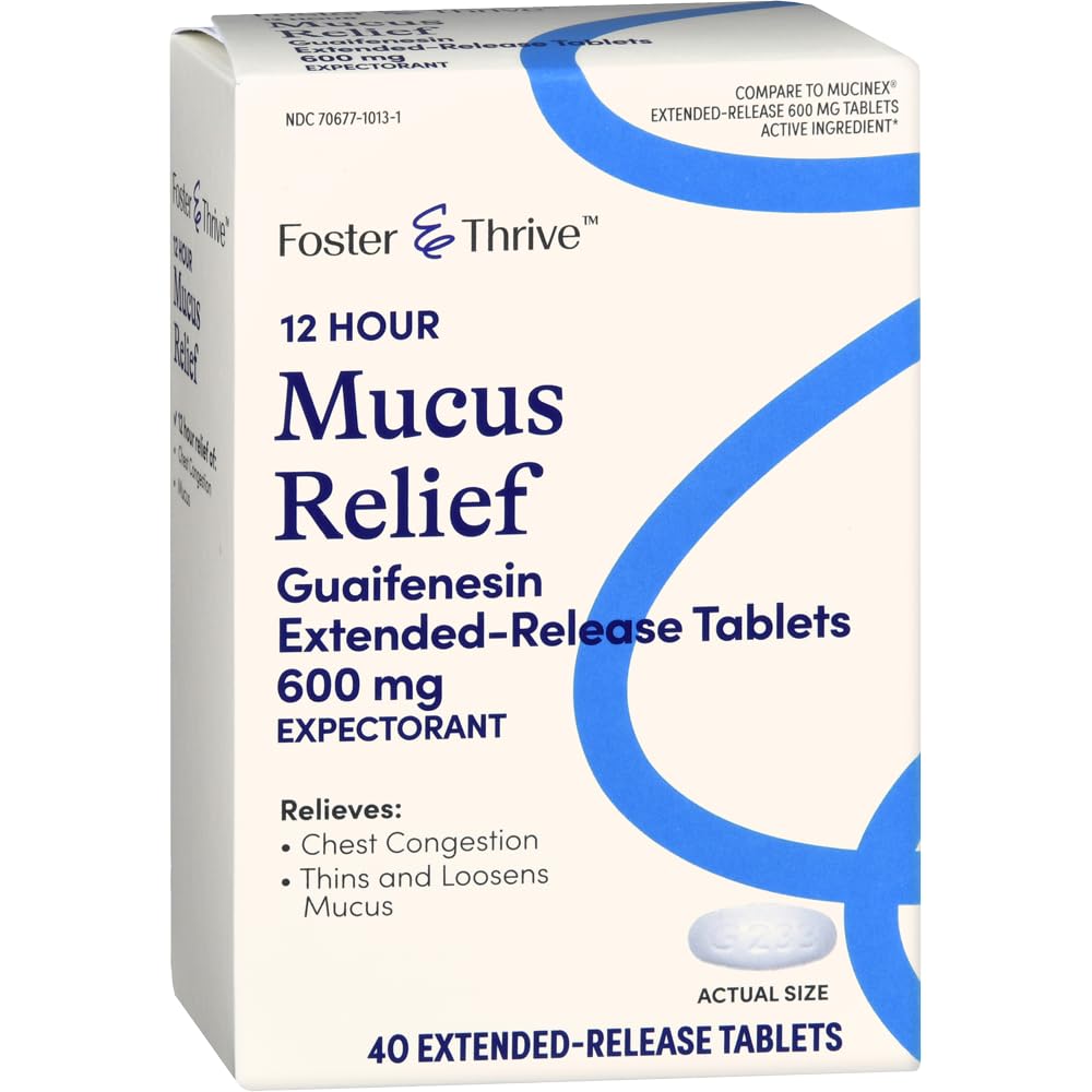 Foster & Thrive Chest Congestion Mucus Extended Release, 600 mg Guaifenesin Alivia Congestion Chest Causado por Excesso de Mucus, (Comparar com Mucinex 12 Hour Extended Release), 40 Comprimidos