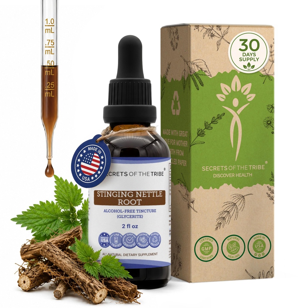 Segredos da tribo Stinging Nettle Alcohol-Free Liquid Extract, Stinging Nettle (Urtica Dioica) Raíz seca (2 FL OZ)