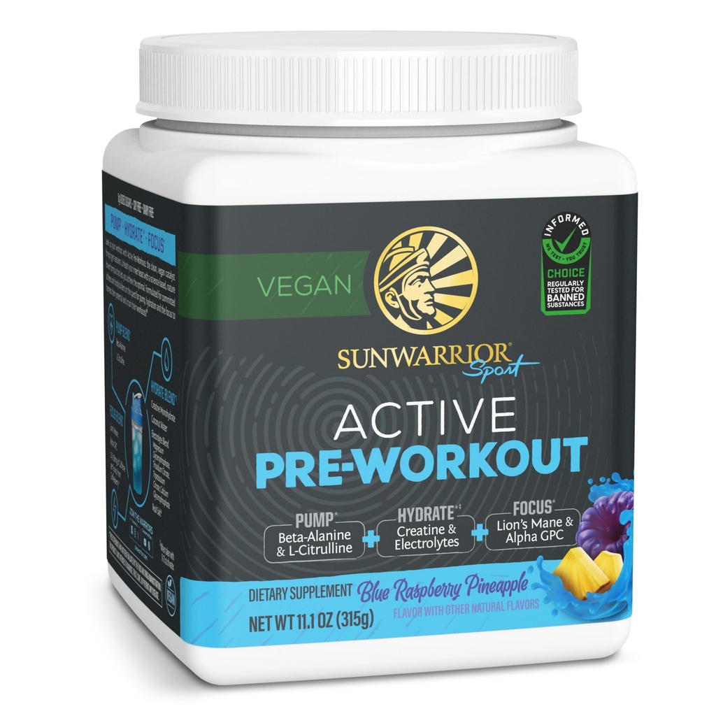 Sunwarrior pré treino pó energia bebida Vegan planta-baseado Bomba de suplemento, Hidratar, Foco, Endurance, & Forty Builder Blue Framboesa Abacaxi flavored 30 Servings Active Pré-treino