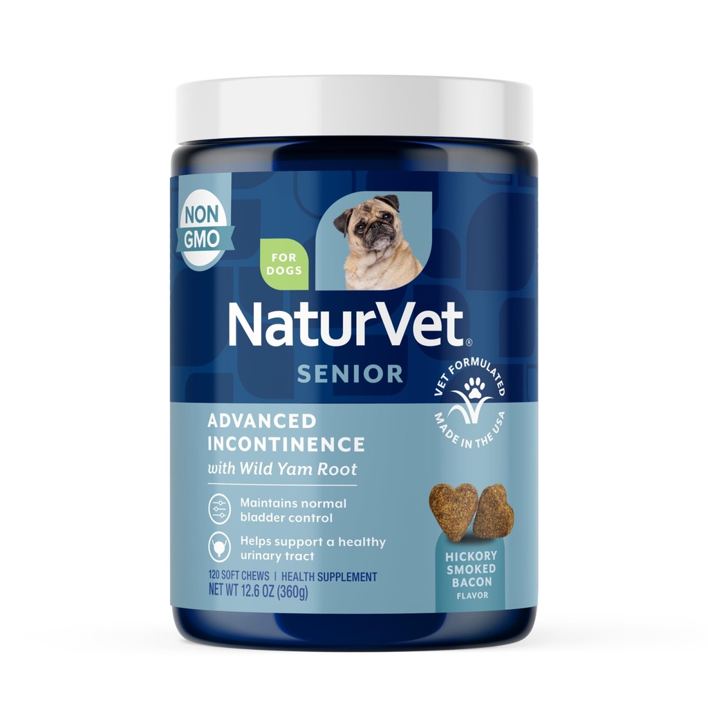 NaturVet Senior Advanced Incontinence Dog Supplement – Ajuda a apoiar o controle de bexiga do cão, urinação normal – Inclui mistura sinérgica de botânicos – 120 Ct. mastigação suave
