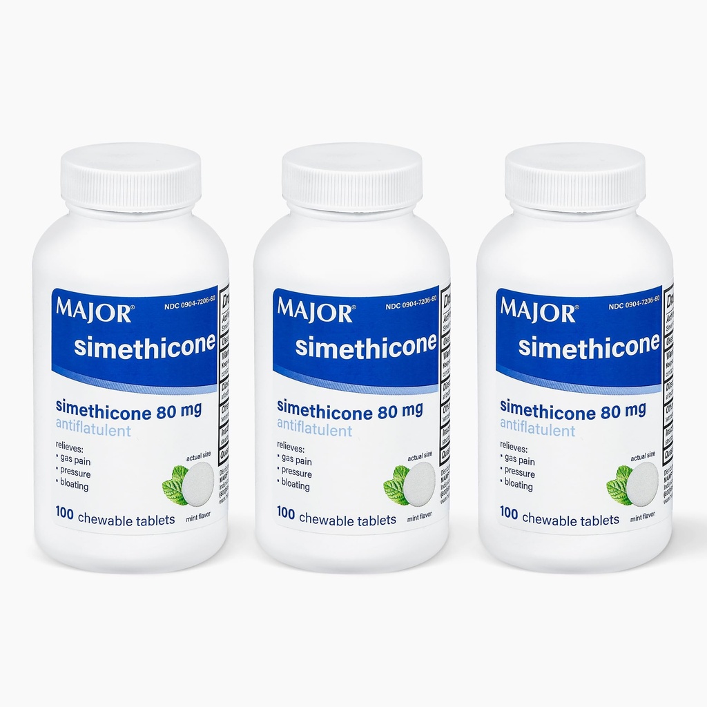 MAJOR Simethicone Gas Relief 80 mg - Anti Flatulência, Bloating e Gás Pressure Aid - 100 comprimidos mastigáveis (3 embalagens)