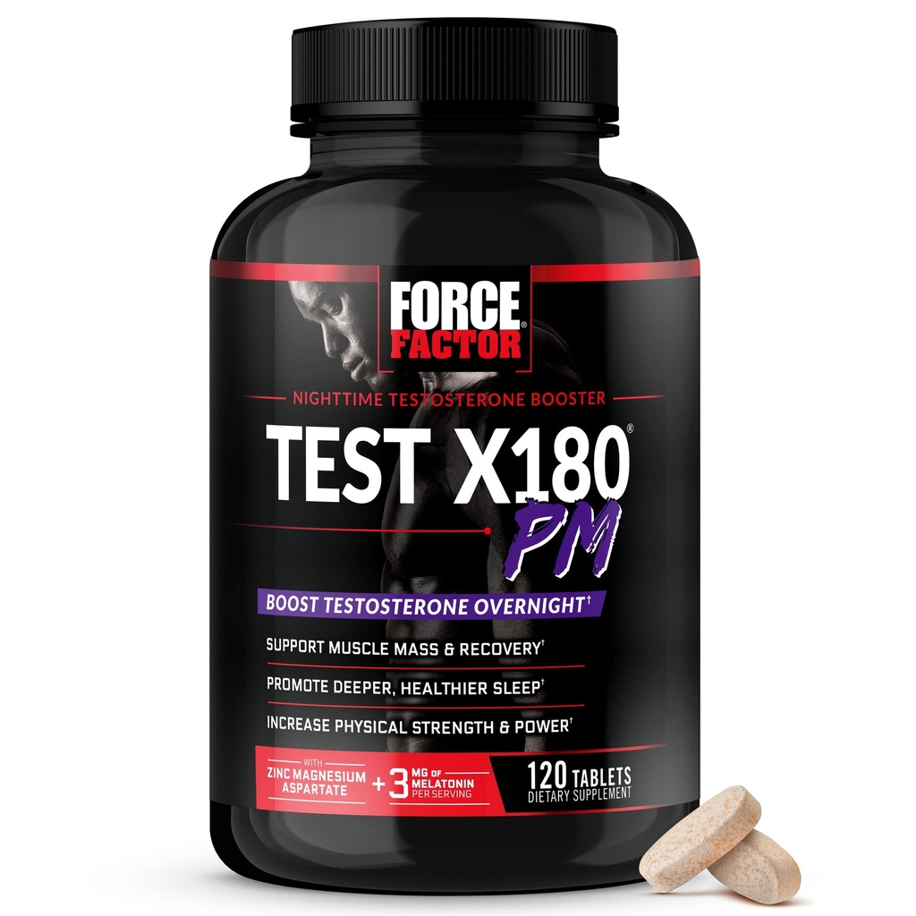 Force Factor Test X180 PM Testosterona Booster para homens, Overnight Testosterona Suplemento para construir músculo, aumentar a força, e promover sono mais profundo, saudável e recuperação, 120 comprimidos