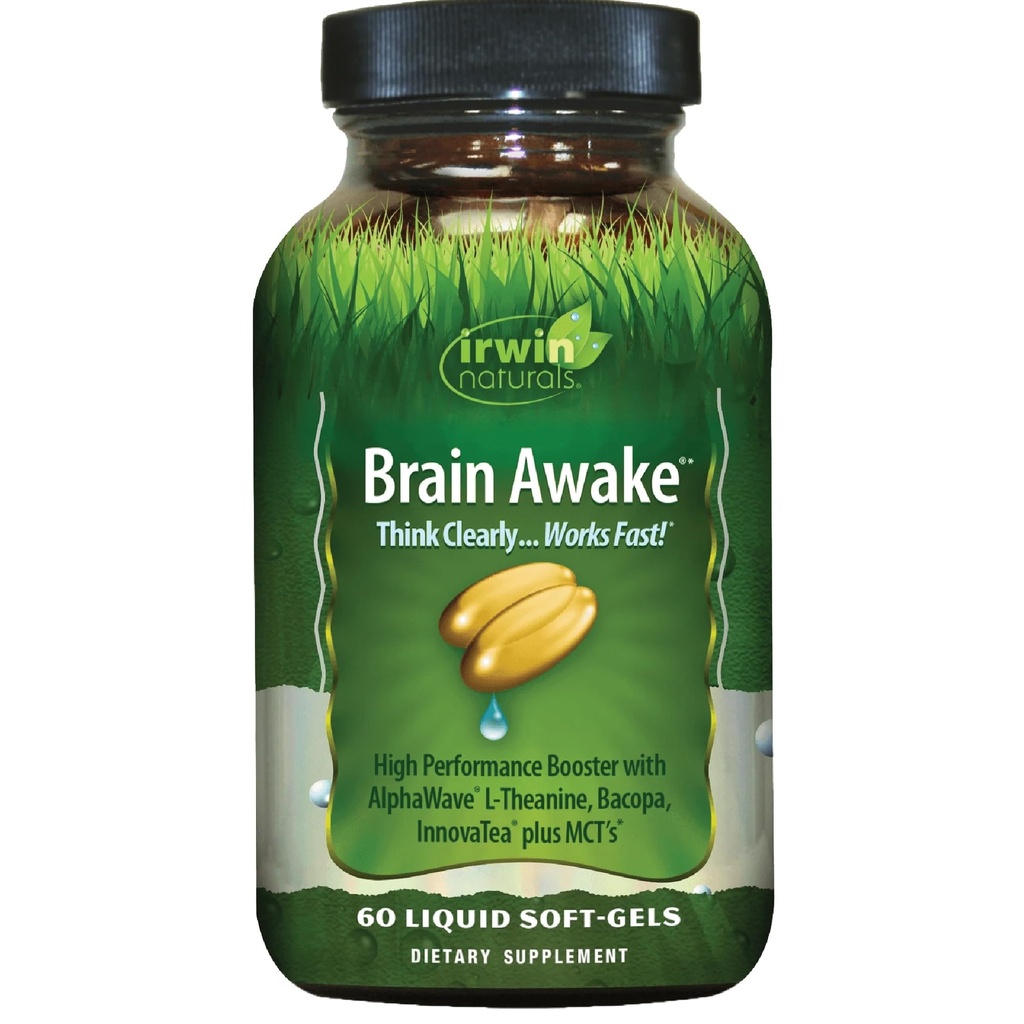 Irwin Naturals Brain Despertai - 60 Liquid Softgels - Desempenho Mental Melhorado, Maior Foco, Claridade e Concentração - Booster Nootrópico com L-Theanina, Bacopa, MCTs
