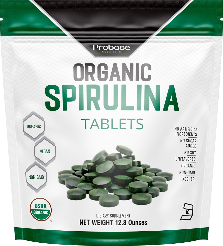 Probase Nutrition suplemento de espirulina orgânica, 3000MG por serviço, 720 comprimidos (4 Mês de Fornecimento), Sem enchimento e não-GMO, rico em proteína Vegan, vitaminas e prebióticos, Pílulas espirulina Premium