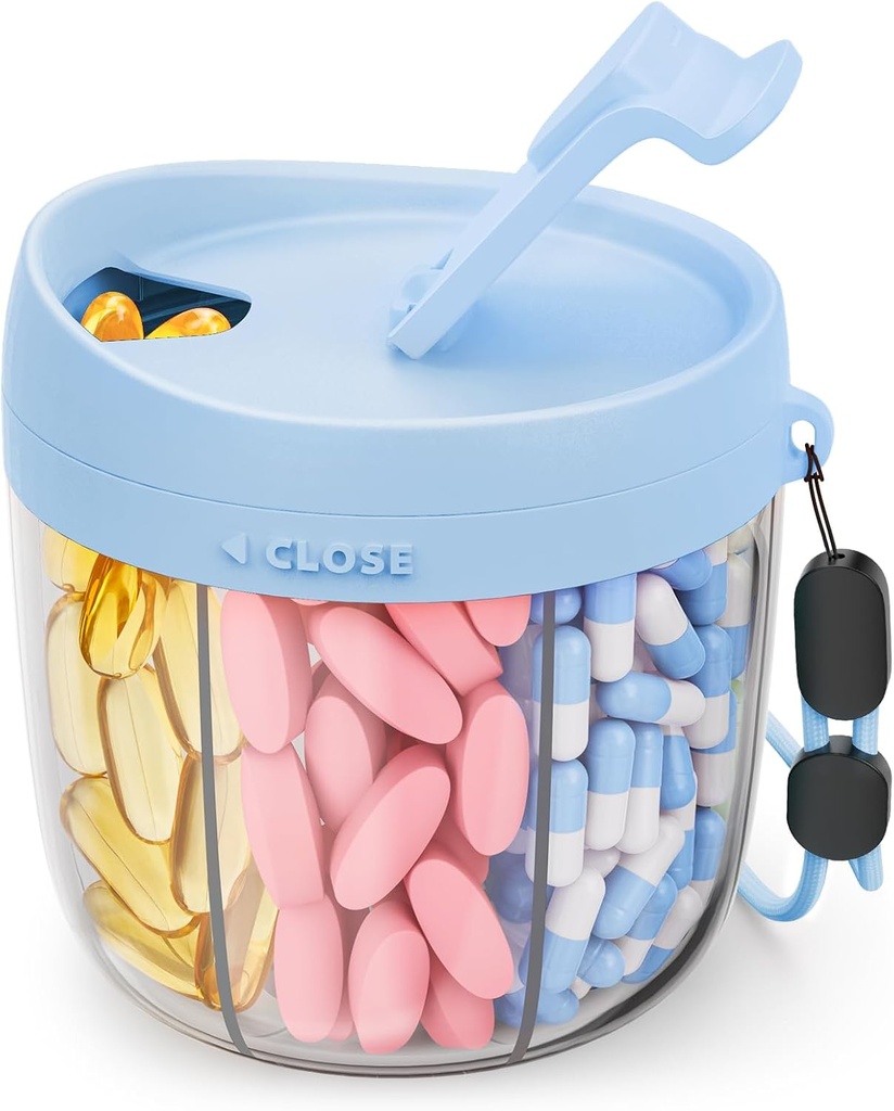 Dispensador de pílulas bonito com 7 grandes compartimentos, Organizador portátil de garrafas de pílulas com abertura ampla para uso fácil, Anti-Mix Organizador de pílulas para viagem, BPA-livre recipiente de pílulas, Azul
