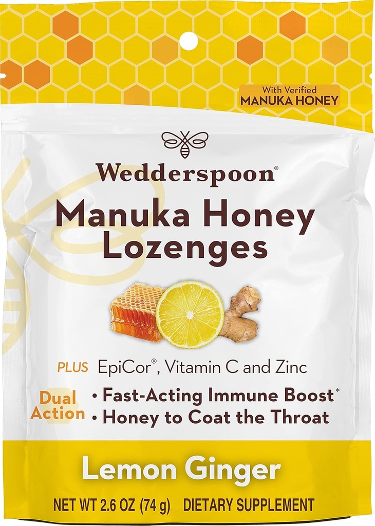 Wedderspoon Manuka Honey Immunity Lozenges, Lemon Ginger, 2.6 Oz (Pack of 1), Genuine New Zealand Honey, Boost Immunity Dentro de duas horas