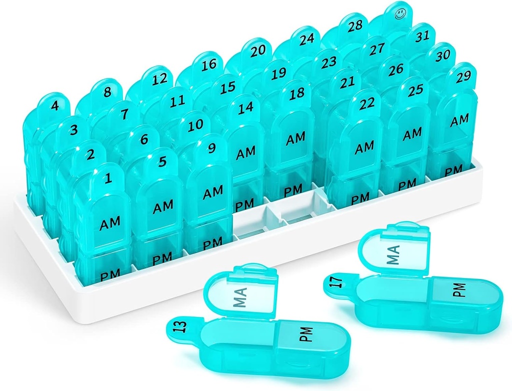 Zoksi Monthly Pill Organizer 2 vezes por dia, 30 dia caixa de pílulas Organizador Am Pm, caso de pílula diária com 32 grandes compartimentos para cada dia, recipiente de pílulas de viagem portátil para vitaminas e medicina (Cyan)
