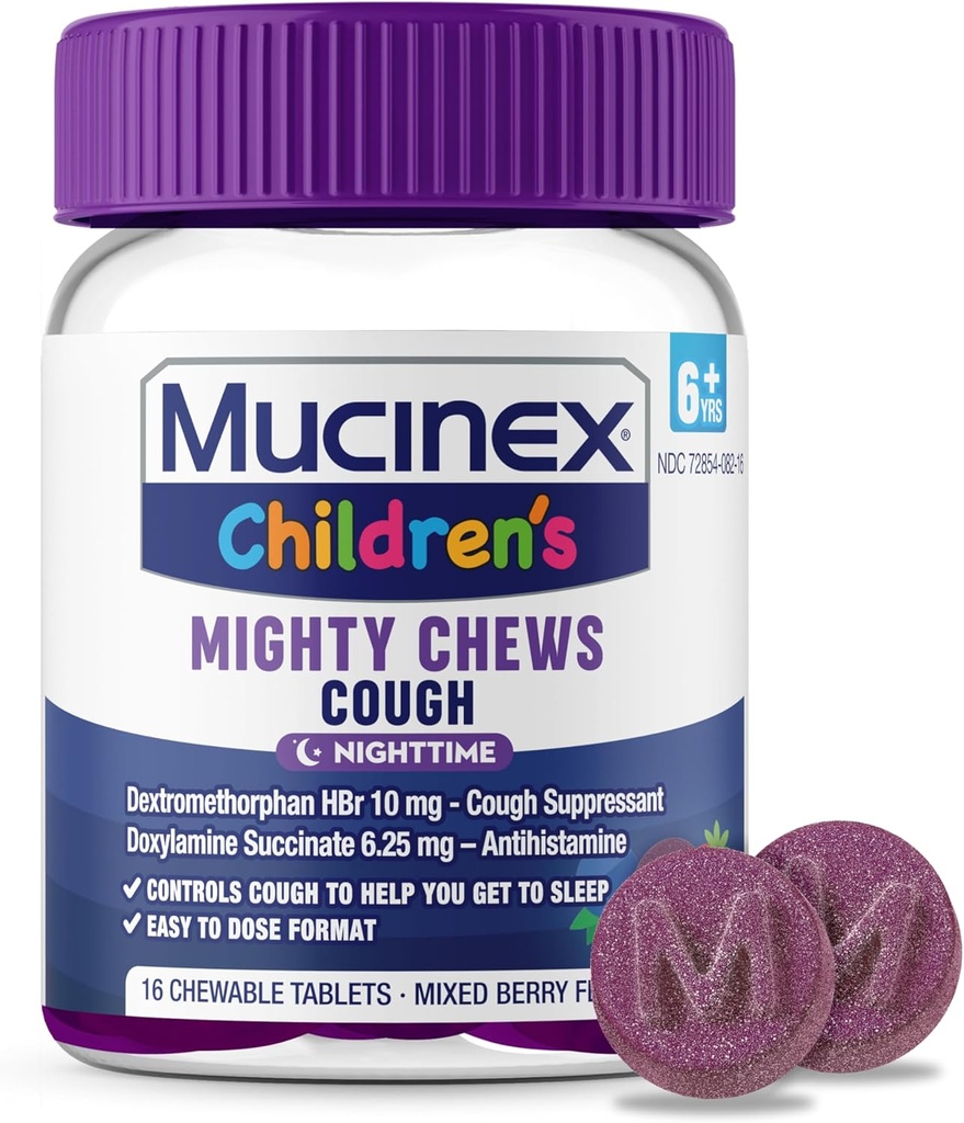 Mucinex Crianças Poderoso Mastiga Noturno Crianças Tosse Medicina, Fácil de Dose Supressor de Tosse com Dextromethorphan, Crianças Viagens Medicina para Tosse, Misturado sabor Berry, 16 comprimidos mastigáveis medicados