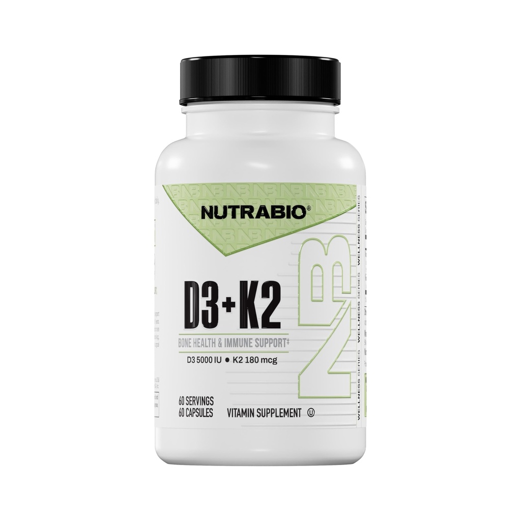 NutraBio Vitamina D3 K2 5000 UI D3 como Colecalciferol com Vitamina K2 como MENA-Q MK7 (180mcg)