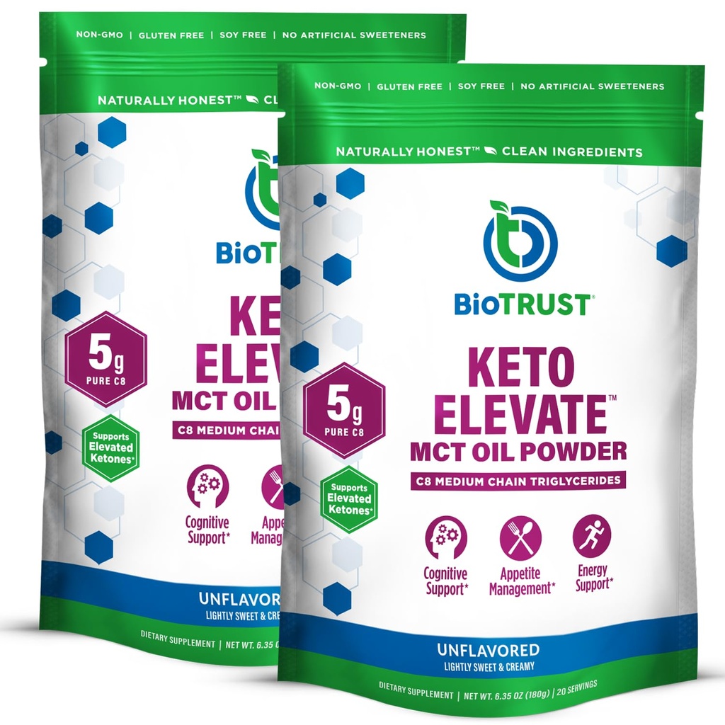 BioTrust Keto Elevate – Pó de óleo C8 MCT – Ketogenic MCT Cafe Creamer, Keto Cafe Creamer – Clean Energy, Mental Focus & Clarity – 100% Caprylic Acid MCT Powder, Non-GMO (desfolhado, 40 Servings)
