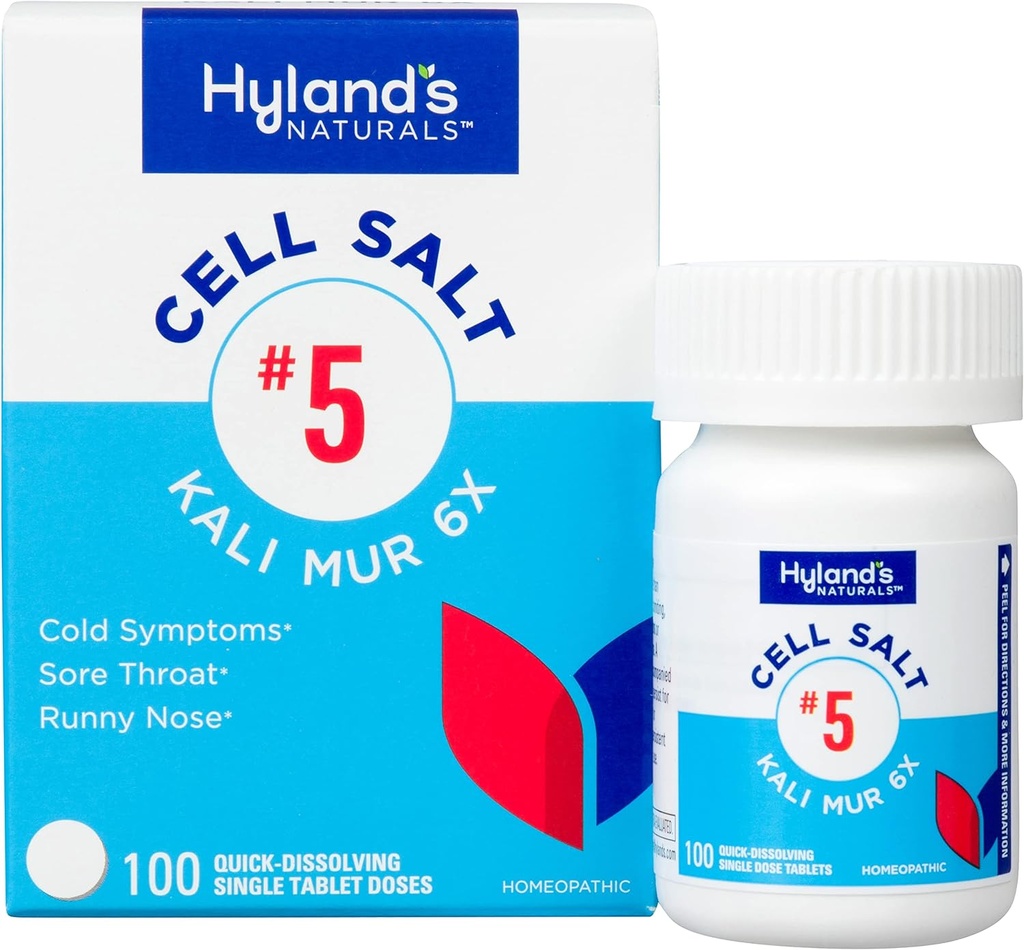 Hyland's No. 5 Cell Salt Kali Mur 6X Comprimidos, Medicina fria e alívio da garganta ferida, Tratamento natural de resfriados, Garganta Dolorosa, Nariz Runny, e Queimaduras, Comprimidos de dissolução rápida, 100 Contagem