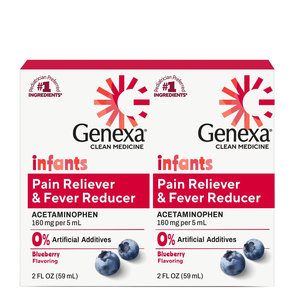 Genexa Infants' Clean Acetaminophen (Acetamol Limpo) Pediatrician Preferent Ingredients (Ingredientes Preferenciais para Pediatras) Reliever & Fever Redutor de Dor para Bebês (Tye Free), 0% Artificial Aditives (Flavor Orgânico de Mirtilo), 4 fl oz (2 Pack)