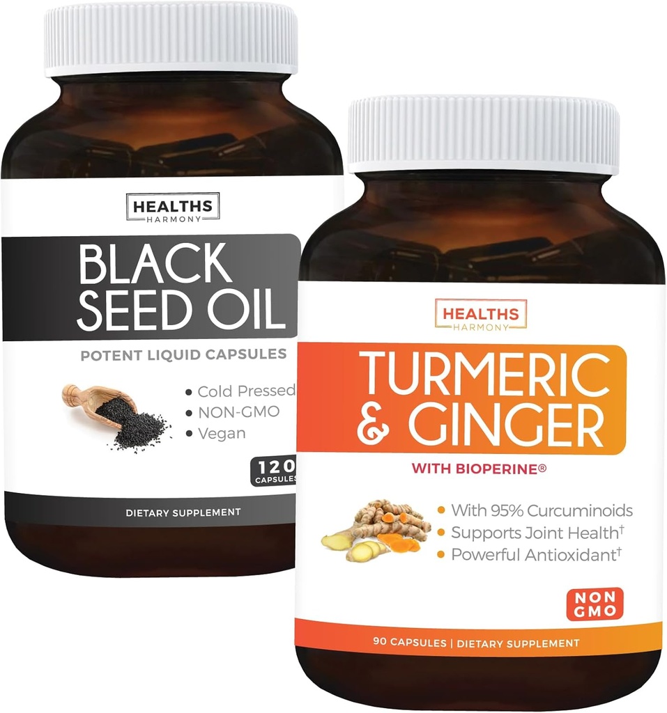 Pacote de Óleo de Sementes de Turmeric & Ginger & Black - Golden Harmony Blend - Turmeric & Ginger com 95% de Curcuminoides e Bioperine (90 Cápsulas) & Black Seed Oil (Non-GMO) 100% óleo de sementes de Cominho prensado a frio